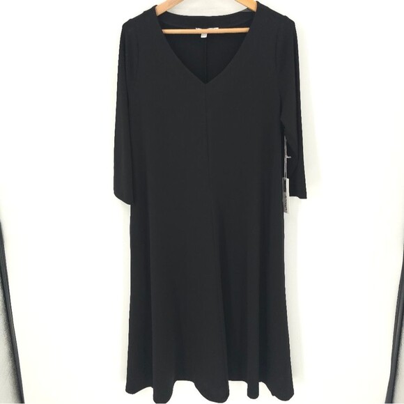 Chicos Travelers Midi V-Neck Black Dress Stretchy Flowy Flowy A-Line Pockets - Picture 3 of 16